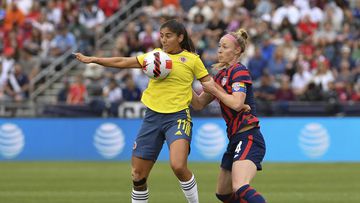 Jun 25, 2022; Commerce City, Colorado, USA; Colombia forward Catalina Usme (11) controls the ball against USA defender Becky Sauerbrunn (4) during an international friendly soccer match at Dick's Sporting Goods Park. Mandatory Credit: John Leyba-USA TODAY Sports