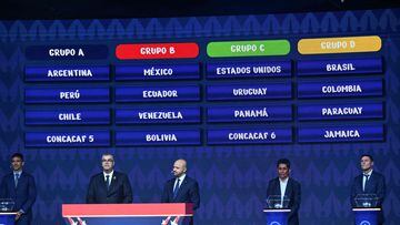 Groups are displayed on screens after the final draw for the Conmebol Copa America 2024 football competition at the James L. Knight Centre in Miami, Florida, on December 7, 2023. (Photo by ANGELA WEISS / AFP)