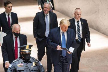 US President Donald J. Trump arrives to attend the Republican Senate luncheon in the Hart Senate Office Building in Washington, DC, USA, 19 May 2020.