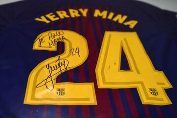 A jersey signed and dedicated by Yerry Mina to his mother on display at his foundation in his hometown Guachené, Colombia.