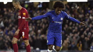London (United Kingdom), 03/03/2020.- Willian Borges da Silva (R) of Chelsea celebrates after scoring the 1-0 lead during the English FA Cup fifth round soccer match between Chelsea and Liverpool at Stamford Bridge in London, Britain, 03 March 2020. 