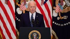 Joe Biden speaks during his first press briefing in the East Room of the White House in Washington, DC, on March 25, 2021.