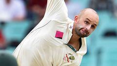 Nathan Lyon sends down a delivery against the West Indies.