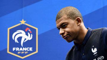 France&#039;s forward Kylian Mbappe gives a press conference in Clairefontaine-en-Yvelines on May 30, 2017. Team France prepares for the friendly football match against Paraguay to be held on June 2 and World Cup qualifier against Sweden on June 9.