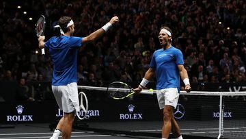 PRAGUE, CZECH REPUBLIC - SEPTEMBER 23:  Roger Federer and Rafael Nadal of Team Europe celebrate winning match point during there doubles match against Jack Sock and Sam Querrey of Team World on Day 2 of the Laver Cup on September 23, 2017 in Prague, Czech Republic. The Laver Cup consists of six European players competing against their counterparts from the rest of the World. Europe will be captained by Bjorn Borg and John McEnroe will captain the Rest of the World team. The event runs from 22-24 September.  (Photo by Julian Finney/Getty Images for Laver Cup)