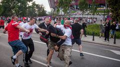 Russian hooligans attack Polish fan at Euro 2016 in France.