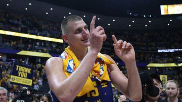 DENVER, COLORADO - JUNE 01: Nikola Jokic #15 of the Denver Nuggets reacts after a 104-93 victory against the Miami Heat in Game One of the 2023 NBA Finals at Ball Arena on June 01, 2023 in Denver, Colorado. NOTE TO USER: User expressly acknowledges and agrees that, by downloading and or using this photograph, User is consenting to the terms and conditions of the Getty Images License Agreement.   Matthew Stockman/Getty Images/AFP (Photo by MATTHEW STOCKMAN / GETTY IMAGES NORTH AMERICA / Getty Images via AFP)