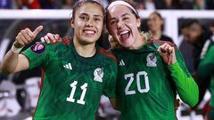Lizbeth Ovalle and Mayra Pelayo of Mexico during the Group stage, Group A match between United States (USA) and Mexico (Mexico National team) as part of the Concacaf Womens Gold Cup 2024, at Dignity Health Sports Park Stadium on February 26, 2024 in Carson California, United States.