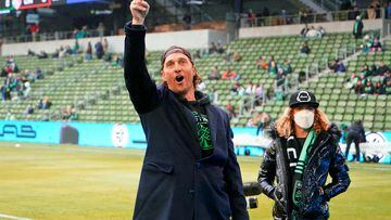 Feb 26, 2022; Austin, Texas, USA; Actor and FC Austin minority owner Matthew McConaughey leads fans in a cheer before the game against FC Cincinnati at Q2 Stadium. Mandatory Credit: Scott Wachter-USA TODAY Sports