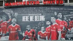 FILE PHOTO: Soccer Football - A picture of Cristiano Ronaldo with teammates is displayed on the outside of Old Trafford - Old Trafford, Manchester, Britain - September 9, 2021 A picture of Cristiano Ronaldo with teammates is seen on the outside of Old Tra