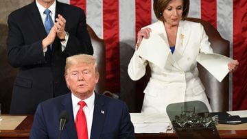 AFP presents a retrospective photo package of 60 pictures marking the 4-year presidency of President Trump.
 
 US Vice President Mike Pence claps as Speaker of the US House of Representatives Nancy Pelosi appears to rip a copy of US President Donald Trump