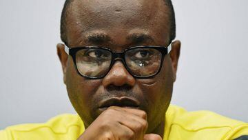 (FILES) In this file photo taken on June 23, 2014 President of The Ghana Football Association Kwesi Nyantakyi answers questions during a press conference in Maceio during the 2014 FIFA World Cup.  An explosive documentary has rocked Ghana&#039;s football