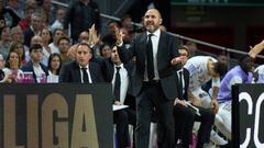 Chus Mateo, Head Coach of Real Madrid reacts during the 2022/2023 Turkish Airlines EuroLeague match between Real Madrid and Virtus Segafredo Bologna at Wizink Center on October 27, 2022 in Madrid, Spain.
