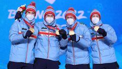 Gold Medallists Jens Luraas Oftebro, Espen Andersen, Espen Bjoernstad and Joergen Graabak of Team Norway pose with their medals during the Men&rsquo;s Large Hill/4x5km Medal Ceremony on Day 14 of the Beijing 2022 Winter Olympic Games. 