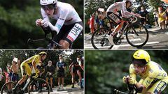 (COMBO) In this combination of pictures created on September 19, 2020, Team UAE Emirates rider Slovenia&#039;s Tadej Pogacar wearing the best young&#039;s white jersey and Team Jumbo rider Slovenia&#039;s Primoz Roglic wearing the overall leader&#039;s yellow jersey ride during the 20th stage of the 107th edition of the Tour de France cycling race, a time trial of 36 km between Lure and La Planche des Belles Filles, on September 19, 2020. (Photos by KENZO TRIBOUILLARD and Anne-Christine POUJOULAT / AFP)