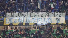 Pancarta desplegada por los ultras del Inter de Milán en la Curva Nord del Giuseppe Meazza.