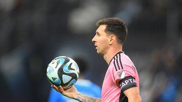 Jan 29, 2024; Riyadh, Saudi Arabia; Inter Miami forward Lionel Messi (10) prepares to throw the ball back into play in the second half against the Al-Hilal SFC at Kingdom Arena. Mandatory Credit: Victor Fraile-USA TODAY Sports