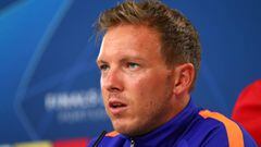 HANDOUT - 17 August 2020, Portugal, Lisbon: RB Leipzig head coach Julian Nagelsmann speaks to the media during a press conference at Estadio do Sport Lisboa e Benfica ahead of the Tuesday&#039;s UEFA Champions League semi-final soccer match against Paris 