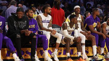 LOS ANGELES, CALIFORNIA - MAY 20: The Los Angeles Lakers bench reacts during the fourth quarter against the Denver Nuggets in game three of the Western Conference Finals at Crypto.com Arena on May 20, 2023 in Los Angeles, California. NOTE TO USER: User expressly acknowledges and agrees that, by downloading and or using this photograph, User is consenting to the terms and conditions of the Getty Images License Agreement.   Harry How/Getty Images/AFP (Photo by Harry How / GETTY IMAGES NORTH AMERICA / Getty Images via AFP)