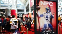 Fans wait to enter the Super Bowl Experience, the NFL&#039;s &#039;interactive football theme park&#039;, ahead of Super Bowl LVI on February 11, 2022 in Los Angeles, California. 