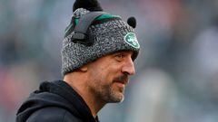 EAST RUTHERFORD, NEW JERSEY - NOVEMBER 24: Aaron Rodgers #8 of the New York Jets looks on from the sideline prior to the game against the Miami Dolphins at MetLife Stadium on November 24, 2023 in East Rutherford, New Jersey.   Rich Schultz/Getty Images/AFP (Photo by Rich Schultz / GETTY IMAGES NORTH AMERICA / Getty Images via AFP)