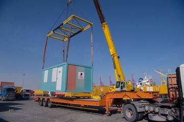 One of a batch of mobile home cabins that Qatar have allocated to be transferred to Turkey as part of relief efforts.