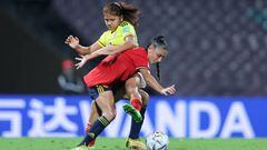 NAVI MUMBAI, INDIA - OCTOBER 12: Gabriela Rodriguez of Colombia and Olaya Enrique  of Spain compete for the ball during the FIFA U-17 Women's World Cup 2022 Group C match between Spain and Colombia at DY Patil Stadium on October 12, 2022 in Navi Mumbai, India. (Photo by Joern Pollex - FIFA/FIFA via Getty Images)