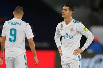 Real Madrid’s Karim Benzema and Cristiano Ronaldo disappointed after well-worked goal disallowed.
