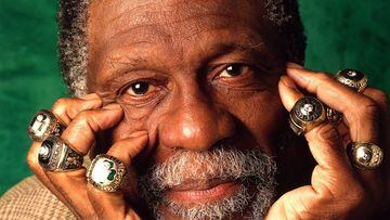 BOSTON- 1996: Bill Russell of the Boston Celtics poses for a photo with eleven of his Championship rings in 1996 in Boston, Massachusetts. NOTE TO USER: User expressly acknowledges and agrees that, by downloading and or using this Photograph, user is cons