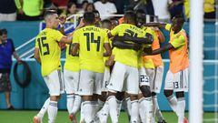 Jugadores de la Selecci&oacute;n Colombia celebrando un gol ante Venezuela en partido amistoso de fecha FIFA