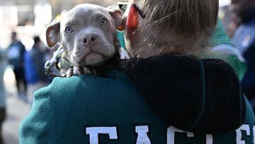 NORRISTOWN, PA - FEBRUARY 10:  A Philadelphia Eagles area resident fan holds a puppy while joining local university mascots, and a high school marching band for a pep rally on the steps of Montgomery County Courthouse in advance of Sundays Super Bowl LVI on February 10, 2023 in Norristown, Pennsylvania. The Philadelphia Eagles will face the Kansas City Chiefs at Super Bowl LVI on February 12 in Glendale, Arizona.  (Photo by Mark Makela/Getty Images)