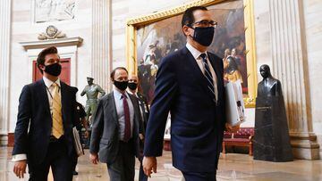 (FILES) In this file photo taken on August 04, 2020 US Secretary of the Treasury Steven Mnuchin heads to a meeting on the coronavirus relief bill at the US Capitol in Washington, DC. - US Treasury Secretary Steven Mnuchin on October 14, 2020 said despite 