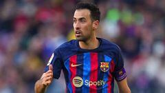 BARCELONA, SPAIN - MARCH 05: Sergio Busquets of FC Barcelona wears a special captains armband for International Women's Day during the LaLiga Santander match between FC Barcelona and Valencia CF at Spotify Camp Nou on March 05, 2023 in Barcelona, Spain. (Photo by Alex Caparros/Getty Images)