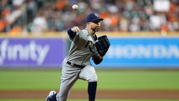 HOUSTON, TEXAS - OCTOBER 02: Corey Kluber #28 of the Tampa Bay Rays pitches in the first inning against the Houston Astros at Minute Maid Park on October 02, 2022 in Houston, Texas.   Tim Warner/Getty Images/AFP