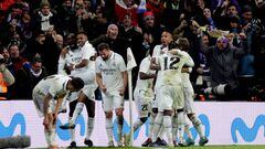 MADRID, SPAIN - JANUARY 26:  Karim Benzema of Real Madrid celebrates 2-1 with Dani Ceballos of Real Madrid, Rodrygo Silva de Goes of Real Madrid, Vinicius Junior of Real Madrid, Eduardo Camavinga of Real Madrid, Antonio Rudiger of Real Madrid, Antonio Rudiger of Real Madrid, Luka Modric of Real Madrid  during the Spanish Copa del Rey  match between Real Madrid v Atletico Madrid at the Estadio Santiago Bernabeu on January 26, 2023 in Madrid Spain (Photo by David S. Bustamante/Soccrates/Getty Images)