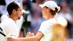 Daniel Galán y Jannik Sinner, partido de octavos de final de Wimbledon. El colombiano perdió en tres sets.