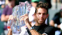 INDIAN WELLS, CA - MARCH 18: Juan Martin Del Potro of Argentina poses with the trophy after his victory over Roger Federer of Switzerland in the ATP final during the BNP Paribas Open at the Indian Wells Tennis Garden on March 18, 2018 in Indian Wells, California.   Harry How/Getty Images/AFP == FOR NEWSPAPERS, INTERNET, TELCOS &amp; TELEVISION USE ONLY ==