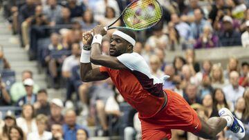 Frances Tiafoe of USA returns ball during quarterfinal of US Open Championships against Andrey Rublev at USTA Billie Jean King National Tennis Center in New York on. September 7, 2022. Tiafoe won in straight sets and moved for the first time in his career to the semifinal. It is also the first time since 2006 an American tennis player reached semifinal at US Open as Andy Roddick did. (Photo by Lev Radin/Anadolu Agency via Getty Images)
