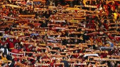 Galatasaray fans hold up their scarves before their Champions League soccer match against Chelsea at Stamford Bridge in London in this March 18, 2014 file photo.