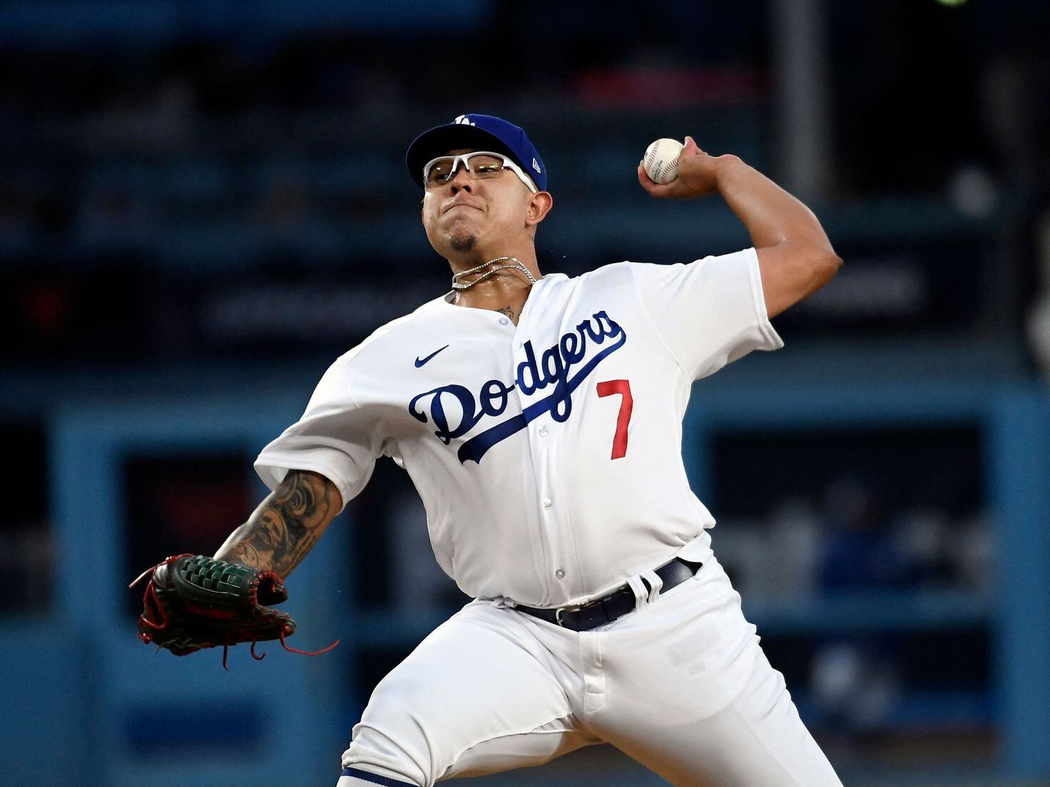 Relief pitcher Julio Urias of the Los Angeles Dodgers pitches
