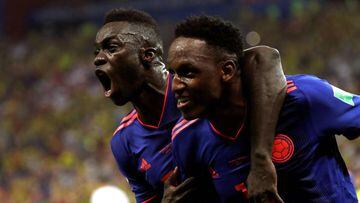 D&aacute;vinson S&aacute;nchez y Yerry Mina celebrando un gol de la Selecci&oacute;n Colombia ante Polonia por la segunda fecha de la fase de grupos del Mundial Rusia 2018