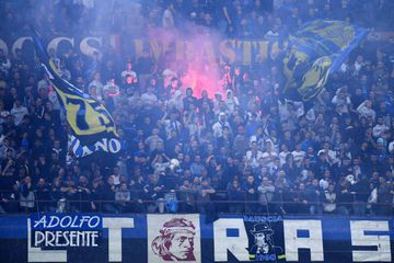 Looking up | Inter fans cheer during the Italian Serie A football match against Juventus.