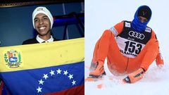El esquiador venezolano Adri&aacute;n Solano posa con una bandera de Venezuela y durante su actuaci&oacute;n en los Mundiales de Esqu&iacute; N&oacute;rdico de Finlandia.