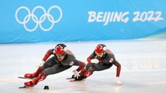 BEIJING, CHINA - FEBRUARY 01: Maxime Laoun and Steven Dubois of Team Canada skate during a short track speed skating practice session ahead of the Beijing 2022 Winter Olympic Games at Capital Indoor Stadium on February 01, 2022 in Beijing, China. (Photo b