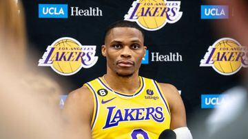 Los Angeles, CA - September 26:Russell Westbrook, #0, answers questions from the media at the 2022 Lakers Media day at the UCLA Health Training Center in El Segundo Monday, September 26, 2022.  The pre-season begins October 23.   (Photo by David Crane/MediaNews Group/Los Angeles Daily News via Getty Images)