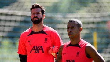 UNSPECIFIED, AUSTRIA - JULY 28: (THE SUN OUT, THE SUN ON SUNDAY OUT) Alisson Becker and Fabinho of Liverpool during the Liverpool pre-season training camp on July 28, 2022 in UNSPECIFIED, Austria. (Photo by Andrew Powell/Liverpool FC via Getty Images)