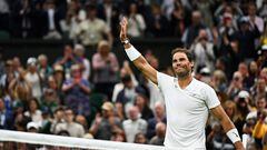Spain's Rafael Nadal celebrates winning against Italy's Lorenzo Sonego at the end of their men's singles tennis match on the sixth day of the 2022 Wimbledon Championships at The All England Tennis Club in Wimbledon, southwest London, on July 2, 2022. (Photo by SEBASTIEN BOZON / AFP) / RESTRICTED TO EDITORIAL USE