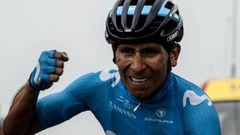 Colombia&#039;s Nairo Quintana celebrates as he crosses the finish line to win the 17th stage of the 105th edition of the Tour de France cycling race, between Bagneres-de-Luchon and Saint-Lary-Soulan Col du Portet, southwestern France, on July 25, 2018.  