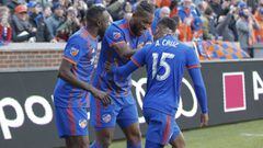 CINCINNATI, OH - MARCH 17: Roland Lamah #7 and Kendall Waston #2 of FC Cincinnati celebrate with Allan Cruz #15 of FC Cincinnati after a goal during the game against the Portland Timbers at Nippert Stadium on March 17, 2019 in Cincinnati, Ohio.   Michael Hickey/Getty Images/AFP == FOR NEWSPAPERS, INTERNET, TELCOS &amp; TELEVISION USE ONLY ==