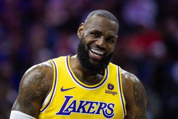 Nov 27, 2023; Philadelphia, Pennsylvania, USA; Los Angeles Lakers forward LeBron James (23) smiles after a Philadelphia 76ers foul during the first quarter at Wells Fargo Center. Mandatory Credit: Bill Streicher-USA TODAY Sports